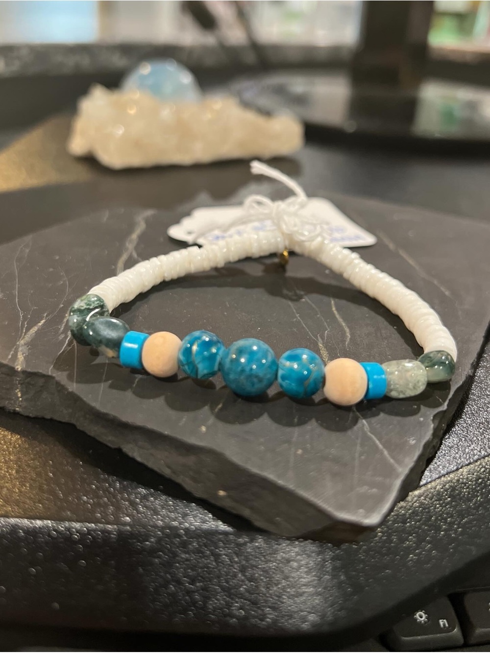 Turquoise & White Beaded Stretch Bracelet with Natural Wood Accents